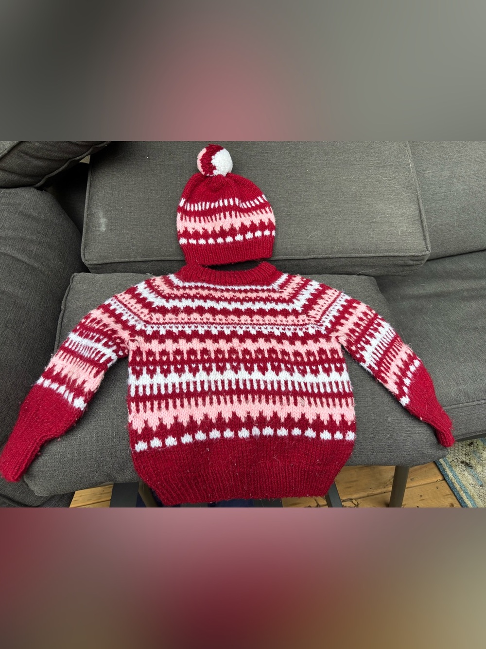 Beautiful Vintage Hand-Knit Nordic Fair Isle Sweater & Matching Pom-Pom Hat Set